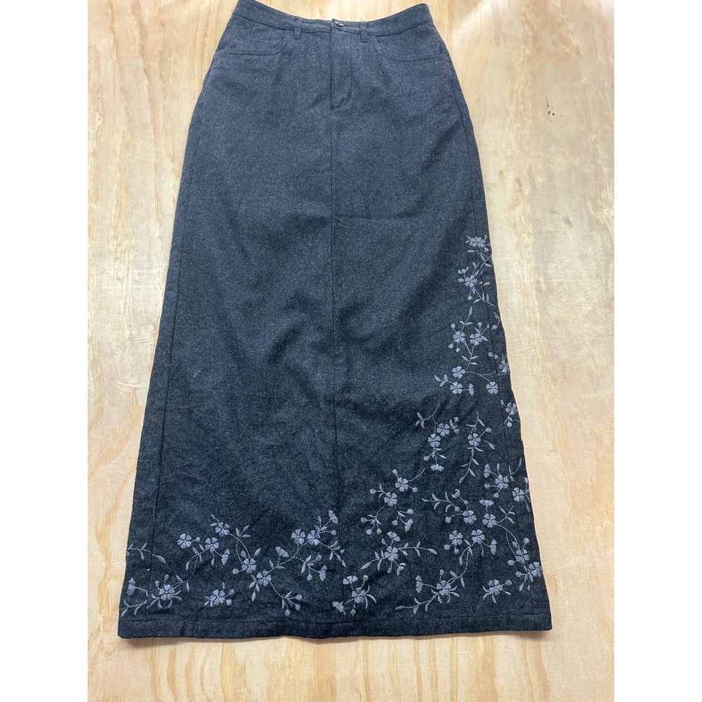 Eddie Bauer Womens Gray Wool Blend Embroidered Floral Maxi Skirt Sz 2‎ Long Slit